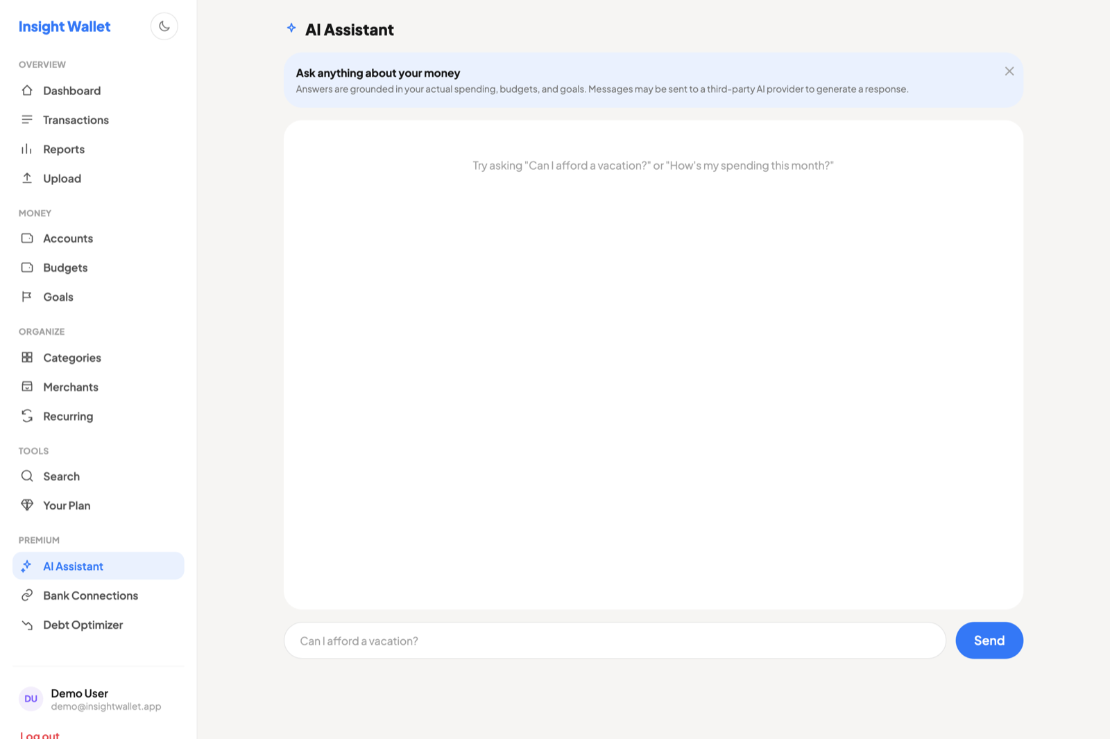 The AI assistant screen inviting you to ask anything about your money, with example questions.