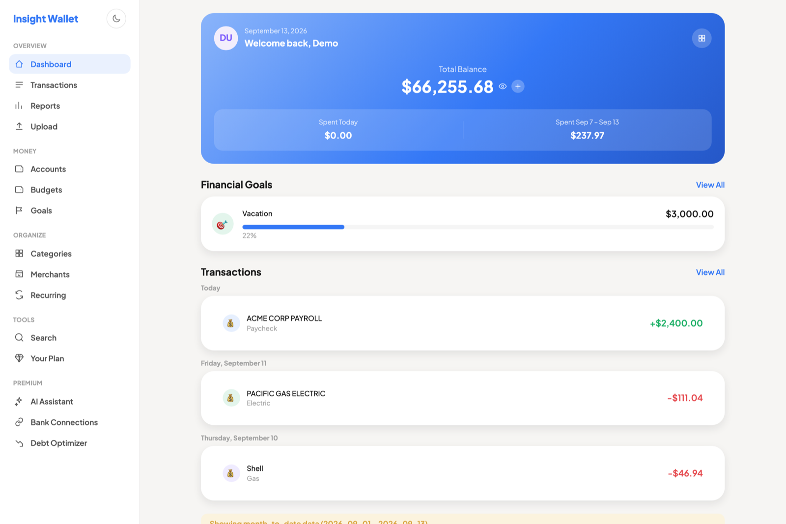 The Insight Wallet dashboard showing a total balance, a vacation savings goal at 22 percent, and recent transactions automatically categorized as Paycheck, Electric and Gas.