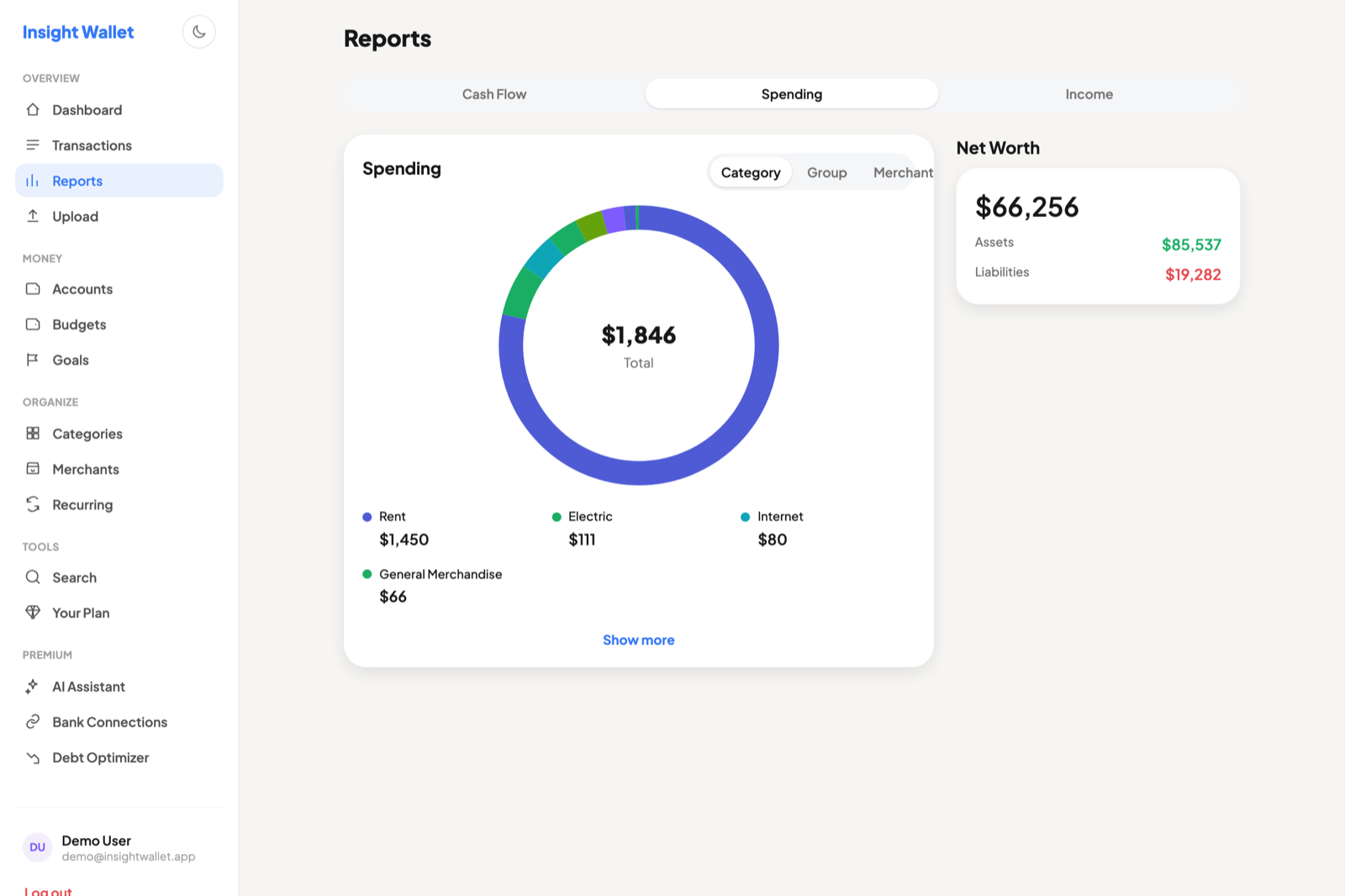 The reports screen showing a spending donut chart totalling $1,846 broken down by Rent, Electric, Internet and General Merchandise, beside a net worth card reading $66,256.