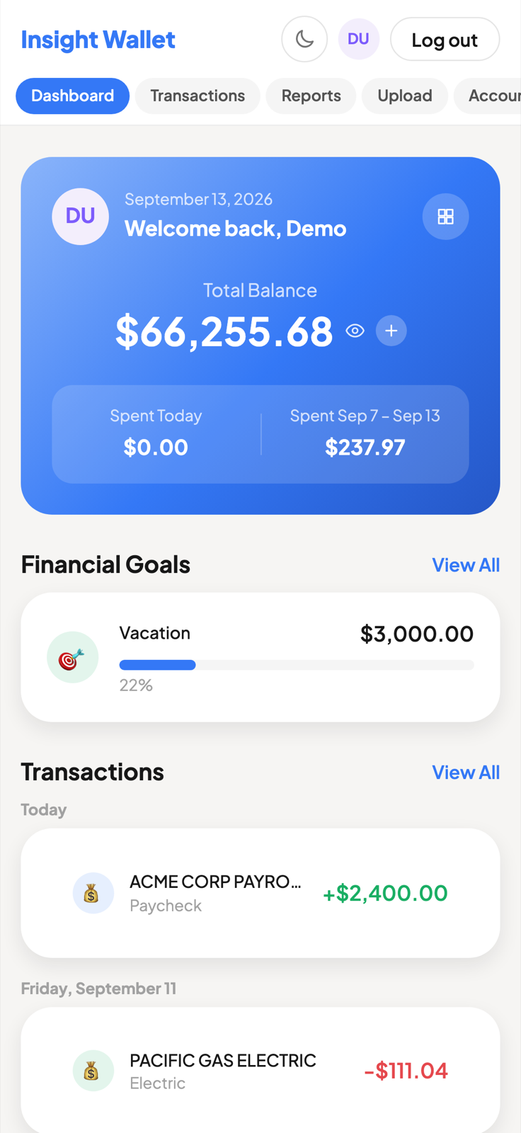 Insight Wallet on a phone, showing the balance, a savings goal and recent transactions.